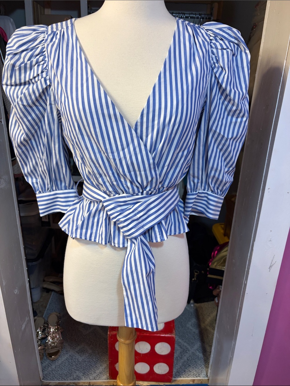 Zara Blue & White Striped Wrap Tie Peplum Blouse